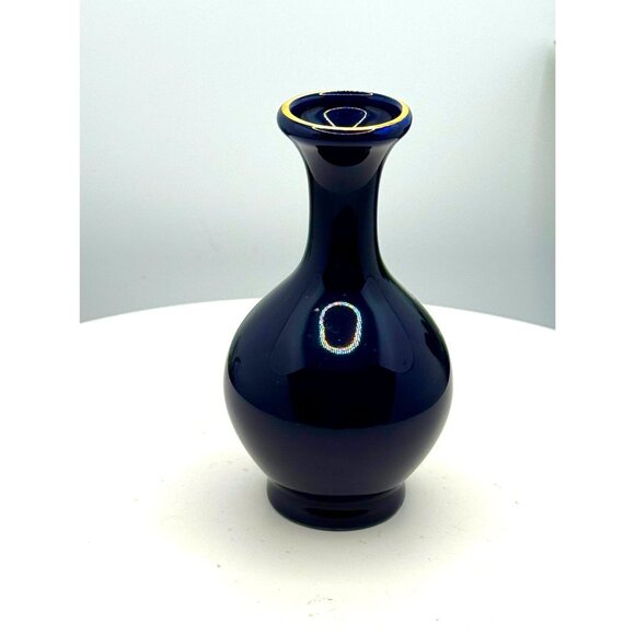 Kutani Blue Ceramic Vase With Hand-Painted Floral Design & Gold Rim - Picture 2 of 7